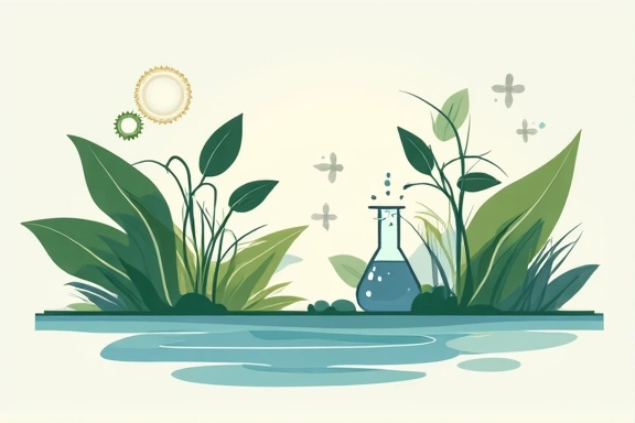 Isang abstract na larawan na kumakatawan sa quality control at scientific research sa isang natural na konteksto, na may mga elemento ng kalikasan at teknolohiya