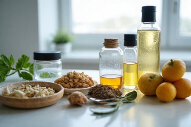 Isang larawan na nagpapakita ng mga modernong kagamitan sa pananaliksik na may natural na sangkap, sumisimbolo sa inobasyon