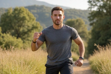 Isang larawan ng isang malusog at masiglang lalaki na nag-eehersisyo sa kalikasan, sumisimbolo sa kalusugan at vitalidad