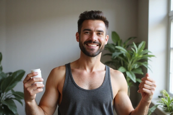 Isang malusog na lalaki na umiinom ng natural na suplemento, na nagpapahiwatig ng sigla at enerhiya.
