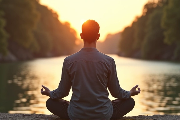 Isang lalaki na nagmumuni-muni sa isang tahimik na kapaligiran, na nagpapahiwatig ng balanse at malusog na pamumuhay.