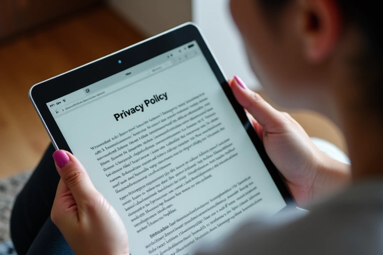 Babae na nagbabasa ng patakaran sa privacy sa tablet