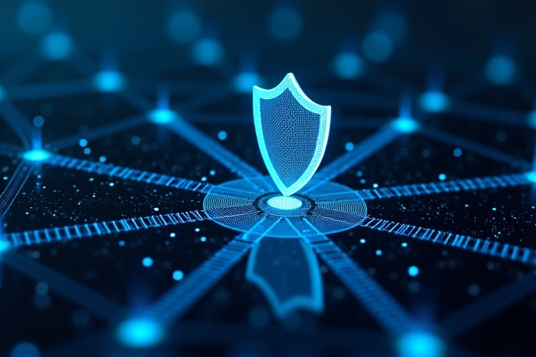 Digital security concept with interconnected nodes and a shield symbol