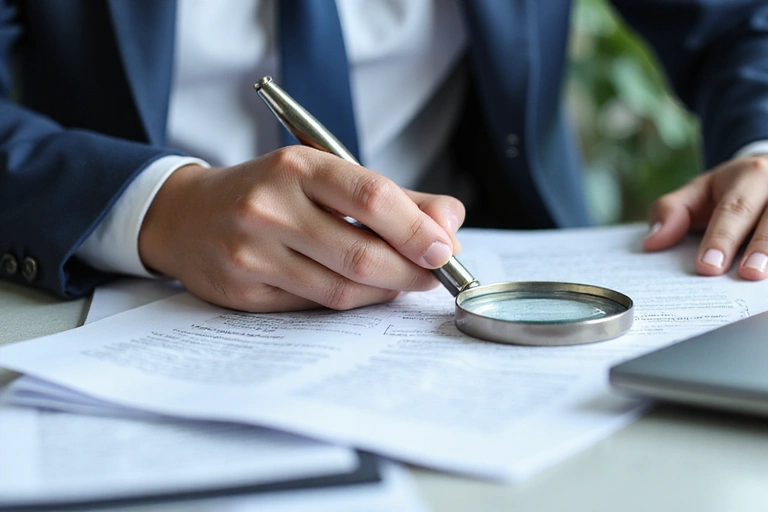 A person reading legal documents with a magnifying glass, symbolizing intellectual property review.