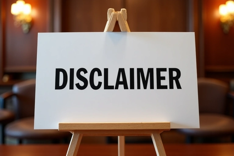A 'Disclaimer' sign in a formal setting, representing legal warnings and limitations.