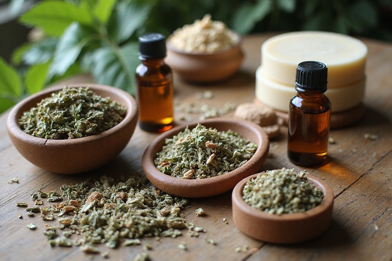 Close-up of various herbal products neatly arranged on a wooden table, highlighting product quality and natural ingredients.